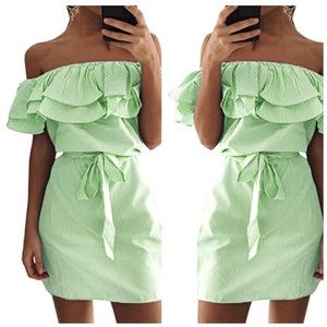 Green Striped Ruffled Summer Dress Off Shoulder